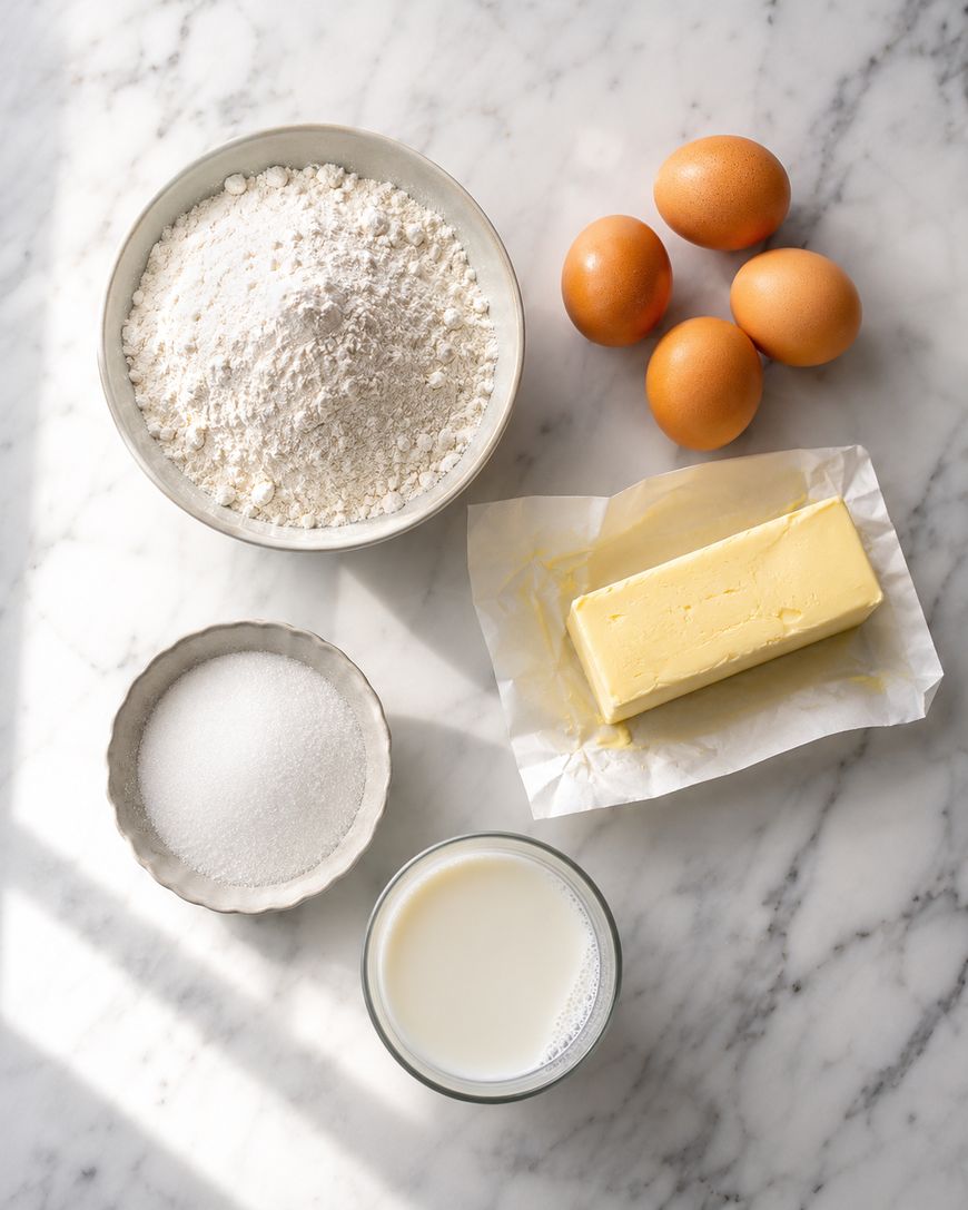 A marble countertop with a bowl of flour, four brown eggs, a stick of butter on parchment, a bowl of sugar, and a glass of milk arranged neatly.