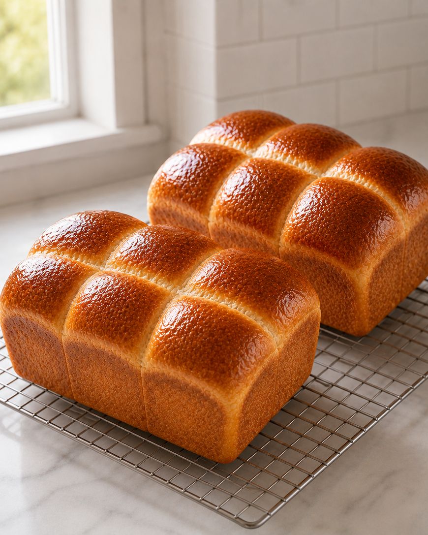 Two golden brown loaves of bread with a shiny, segmented crust sit on a cooling rack on a marble countertop near a window with white subway tile backsplash in the background.