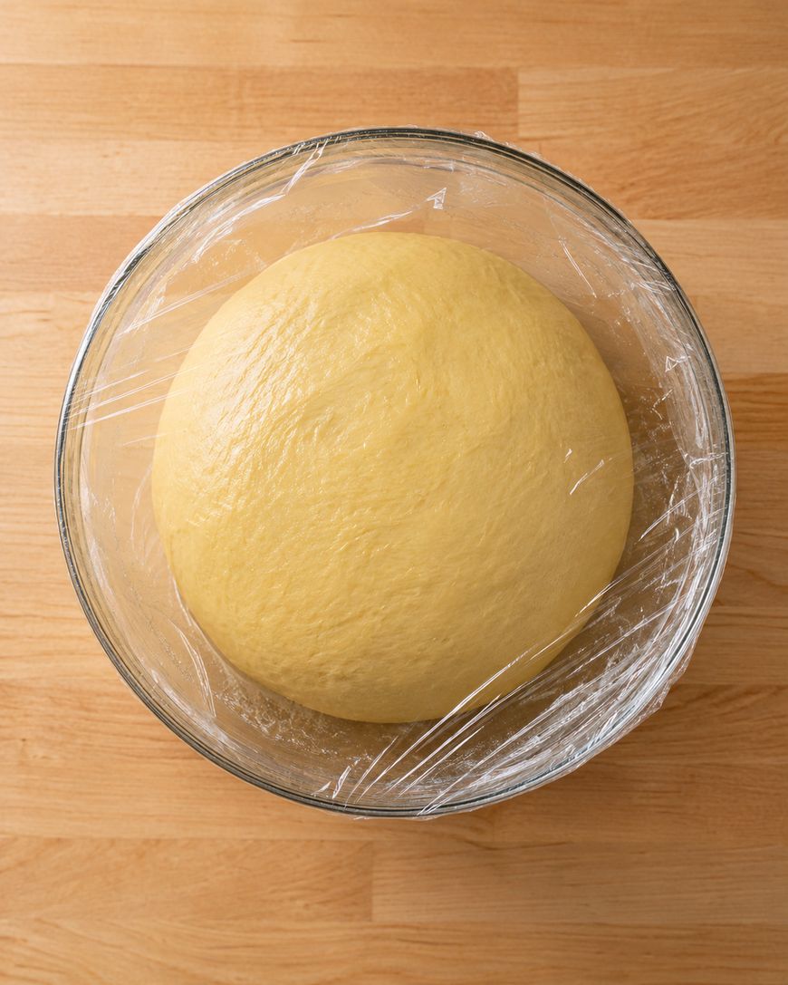 A large ball of dough rising in a clear glass bowl covered with plastic wrap, set on a light wooden surface.