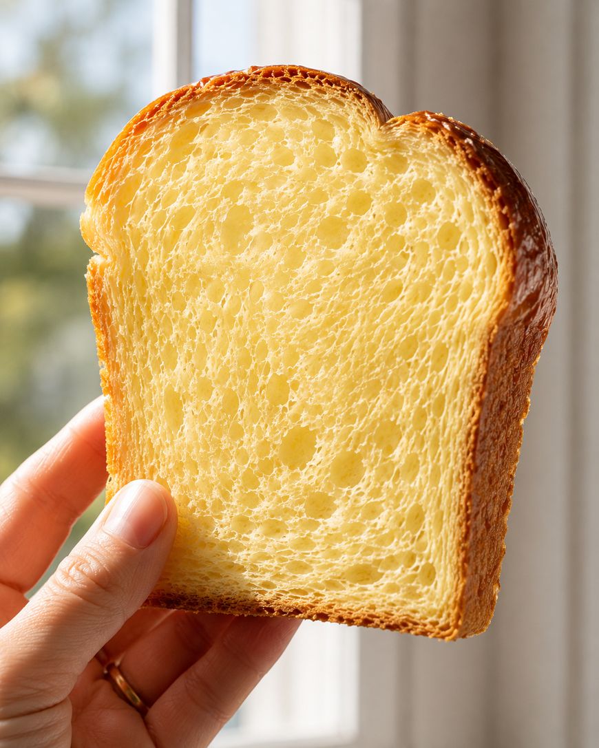 A hand holds up a slice of golden, airy brioche bread, with sunlight streaming through a window in the background. The breads soft texture and fluffy crumb are clearly visible.