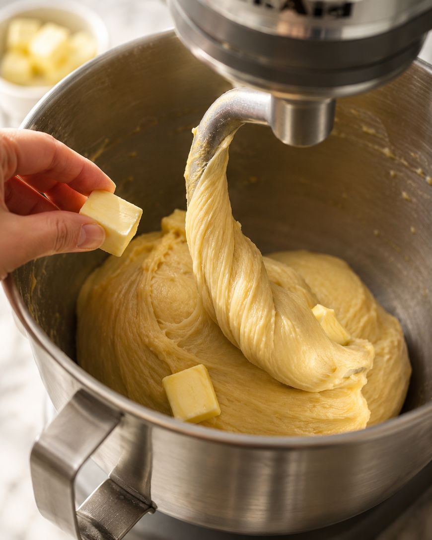 A hand adds cubes of butter to a mixing bowl with dough, attached to a stand mixer with a dough hook.
