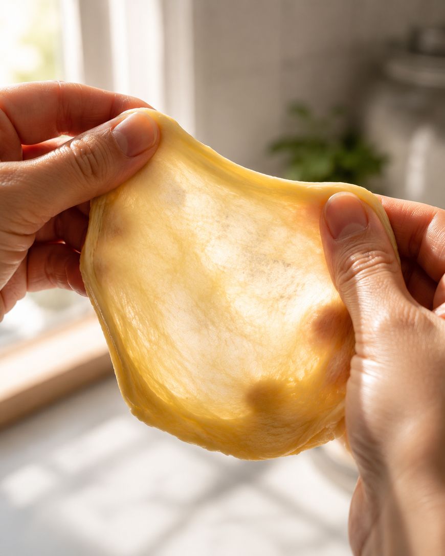 Two hands stretch a thin, translucent dough in a sunlit kitchen, showing its elasticity and smooth texture.