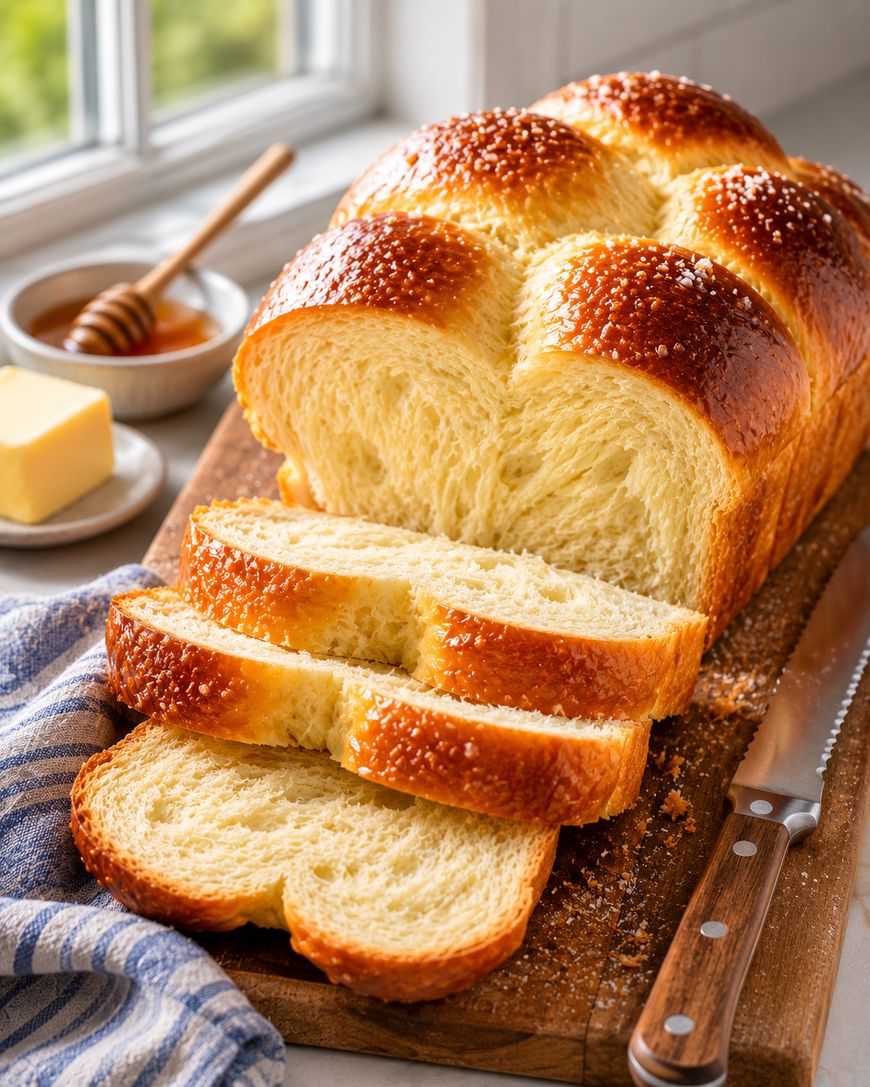 A loaf of braided challah bread, partially sliced, sits on a wooden cutting board with a bread knife. A dish of butter, a small bowl of honey with a dipper, and a striped towel are nearby. Sunlight shines through a window.