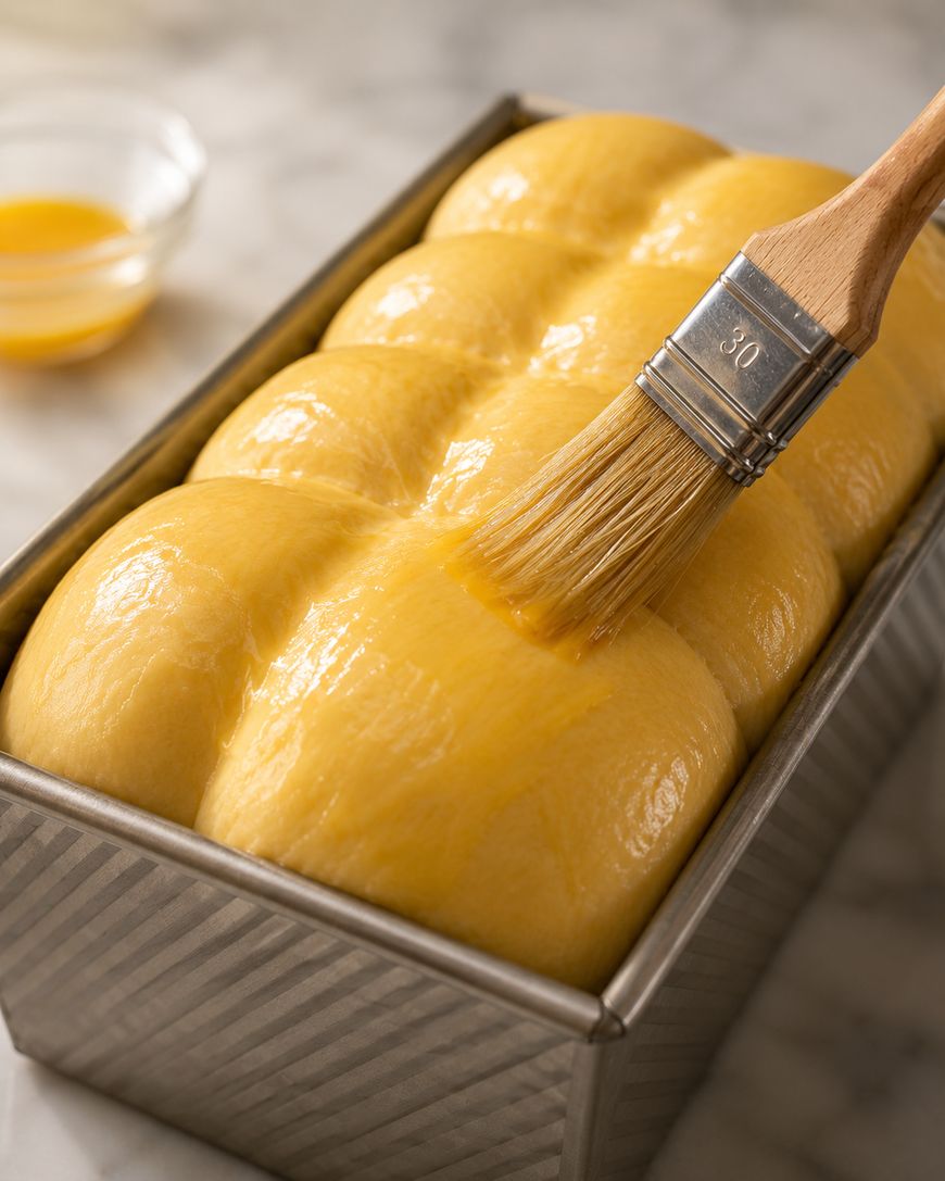 A close-up of a loaf of unbaked bread dough in a metal pan being brushed with an egg wash, with a small bowl of egg wash in the background on a marble surface.