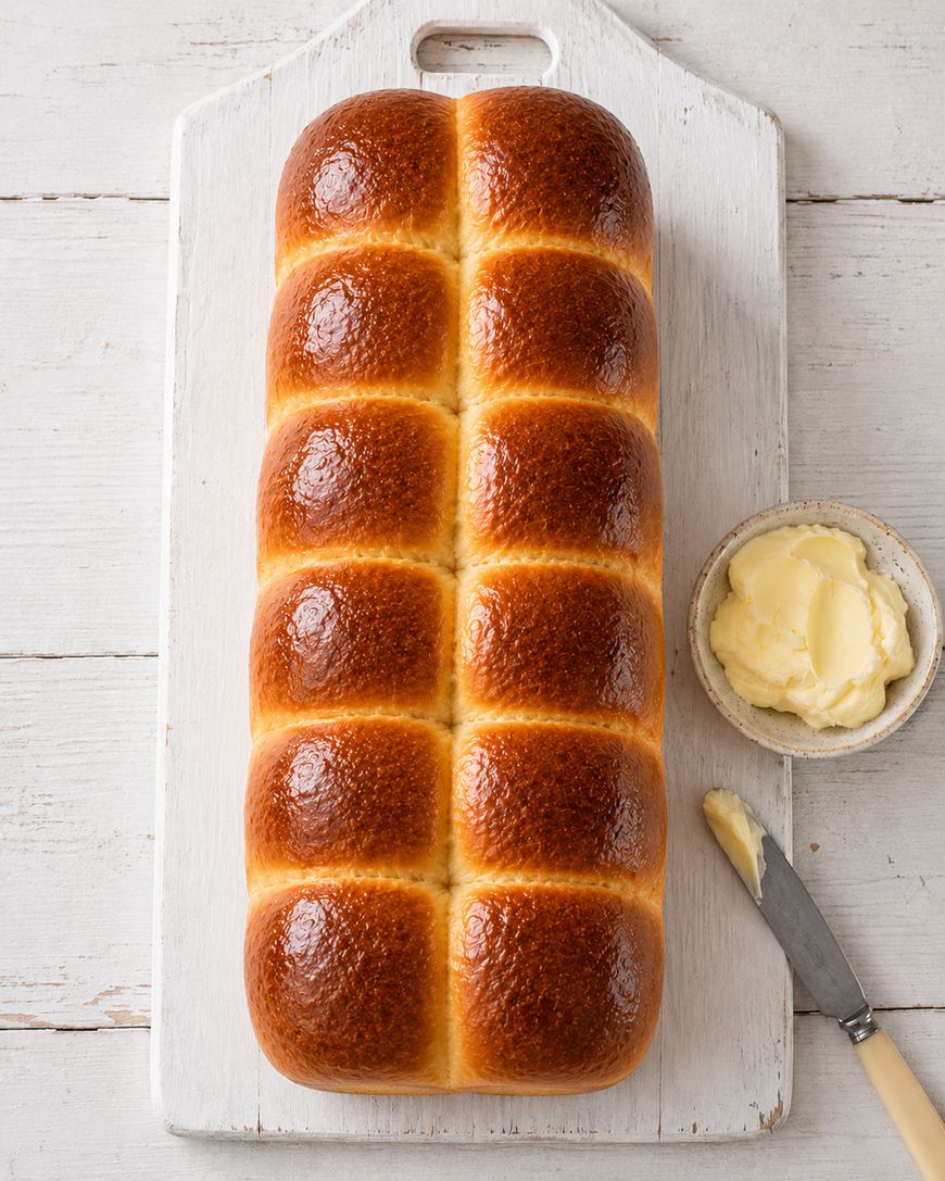 A loaf of shiny, golden-brown pull-apart bread sits on a white wooden cutting board next to a dish of butter and a butter knife with a small amount of butter on it.