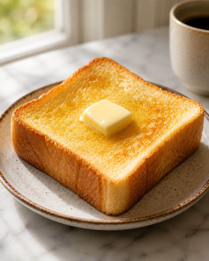 A thick slice of golden toasted bread with a pat of butter melting on top, served on a speckled plate. A cup of coffee is partially visible in the background near a sunlit window.