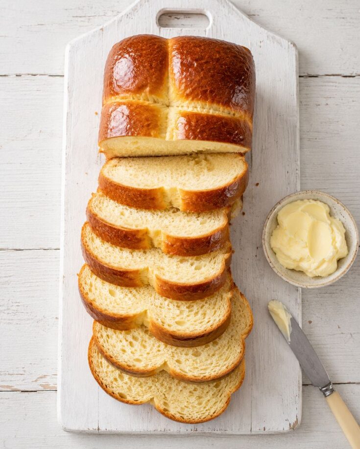 A loaf of brioche bread, partially sliced, sits on a white wooden cutting board next to a small bowl of butter and a butter knife with some butter on it.