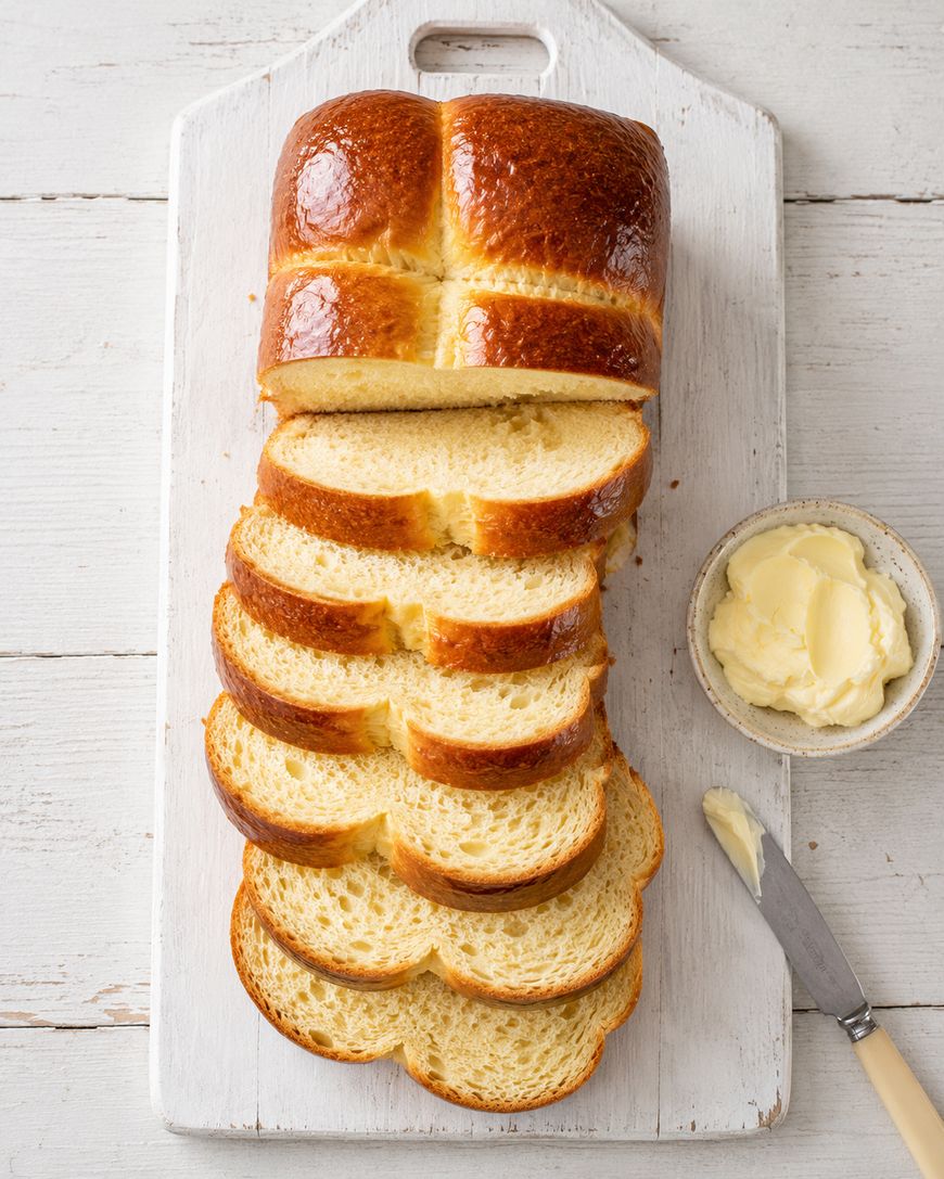 A loaf of brioche bread, partially sliced, sits on a white wooden cutting board next to a small bowl of butter and a butter knife with some butter on it.