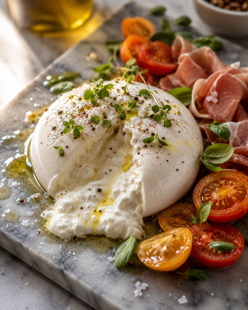 A creamy burrata cheese drizzled with olive oil and black pepper, garnished with fresh herbs, served on a marble slab with sliced cherry tomatoes, basil leaves, and thinly sliced prosciutto.