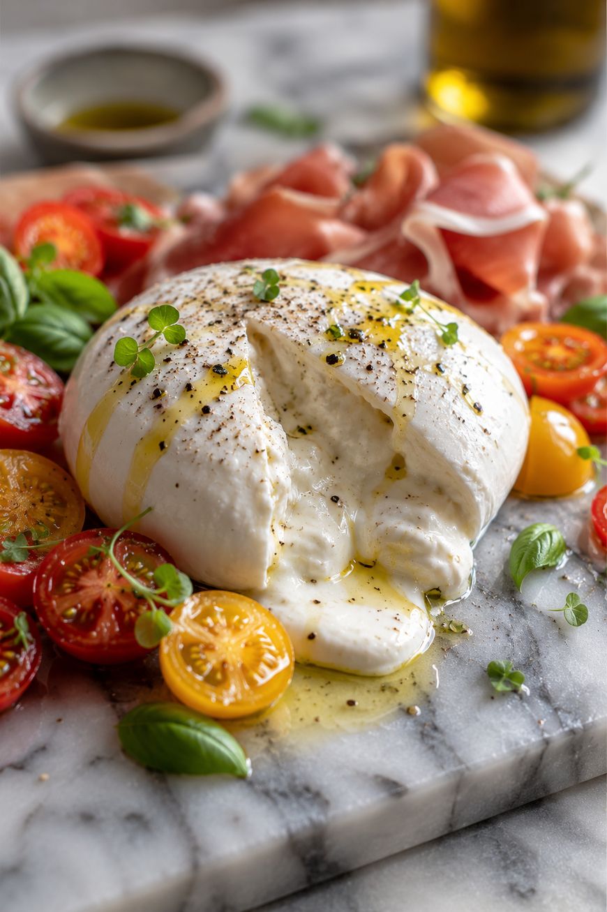 A ball of burrata cheese drizzled with olive oil and cracked pepper is cut open, revealing a creamy center. Surrounded by cherry tomatoes, fresh basil, and prosciutto on a marble board.