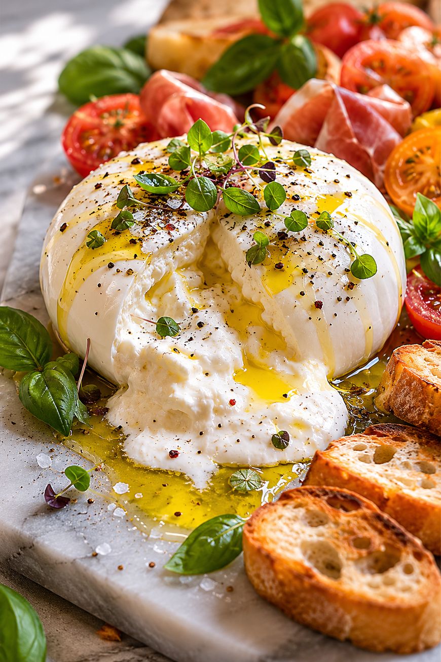 A creamy burrata cheese drizzled with olive oil, topped with herbs and cracked pepper, sits on a marble board surrounded by toasted bread slices, fresh basil leaves, and colorful tomato halves.
