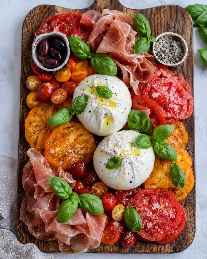 A wooden board topped with burrata cheese, sliced red and yellow tomatoes, cherry tomatoes, prosciutto, fresh basil leaves, a dish of black olives, and a small bowl of cracked black pepper.