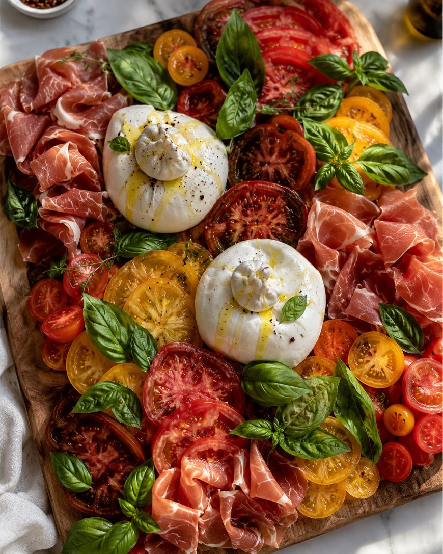 A wooden board topped with sliced heirloom tomatoes, prosciutto, fresh basil leaves, and two balls of burrata cheese drizzled with olive oil and black pepper.