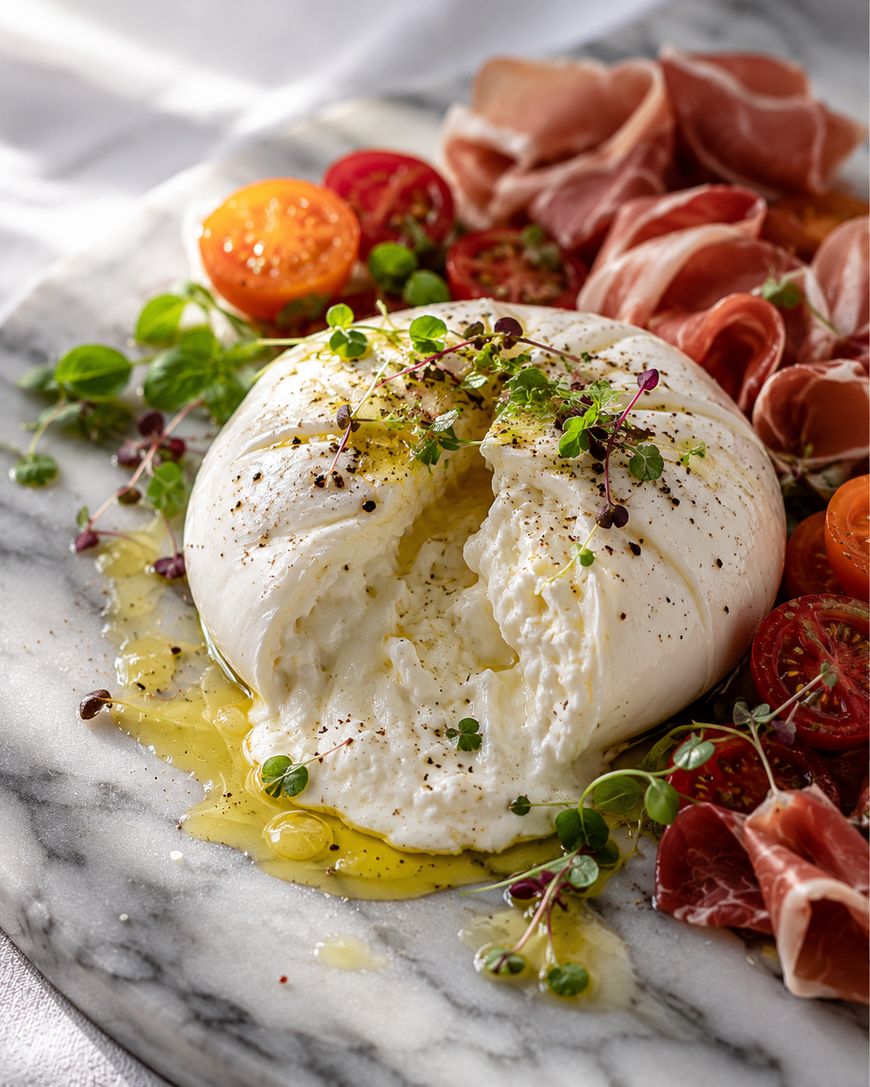 A ball of burrata cheese drizzled with olive oil and cracked pepper, surrounded by sliced cherry tomatoes, prosciutto, and fresh microgreens on a marble platter.