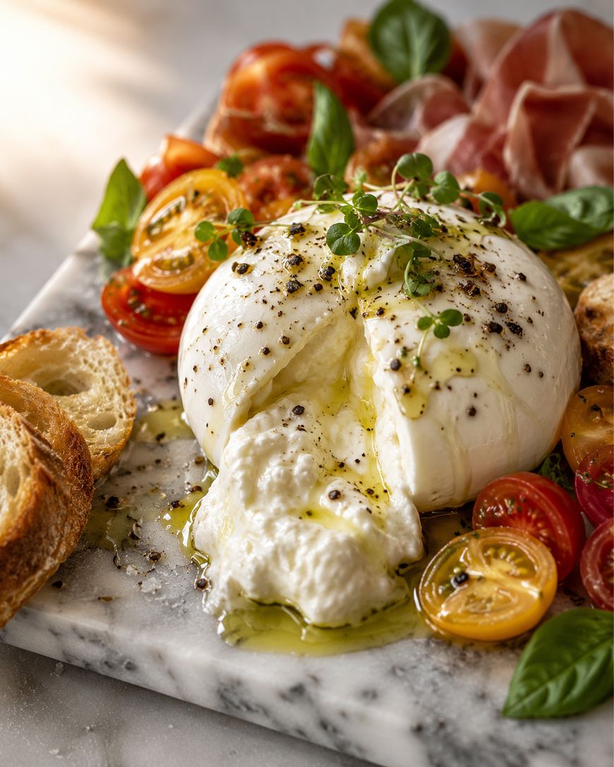 A ball of burrata cheese drizzled with olive oil and cracked pepper, surrounded by sliced cherry tomatoes, fresh basil, prosciutto, and toasted bread on a marble serving board.