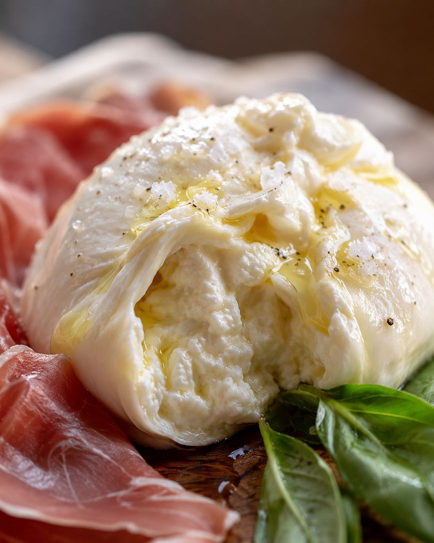 A close-up of creamy burrata cheese drizzled with olive oil and sprinkled with salt and pepper, served with slices of prosciutto and fresh basil leaves on a wooden surface.