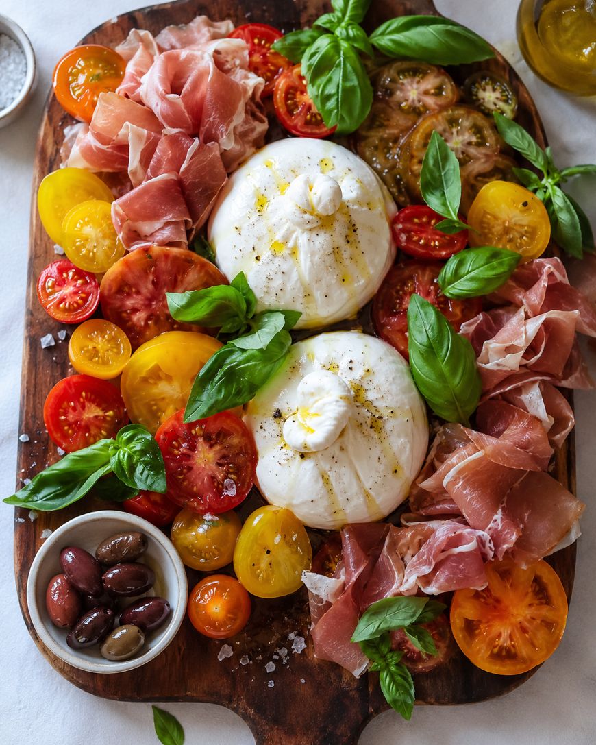 A wooden board topped with burrata cheese, assorted sliced tomatoes, prosciutto, fresh basil leaves, and a small bowl of mixed olives. The ingredients are arranged in a colorful, appetizing display.