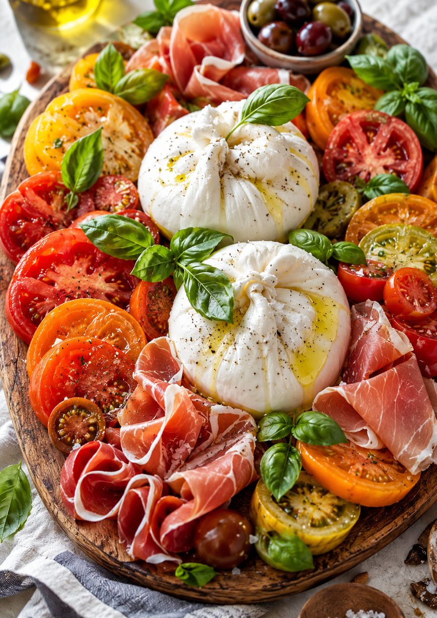 A platter with heirloom tomato slices, fresh basil leaves, prosciutto, two balls of burrata cheese drizzled with olive oil and pepper, and a small bowl of olives.