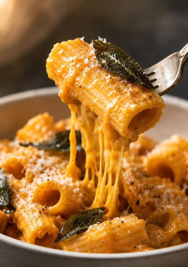 A fork lifts cheesy rigatoni pasta from a bowl, coated in a rich butternut squash pasta sauce recipe, with melted cheese stretching and crispy sage leaves on top, sprinkled with black pepper.