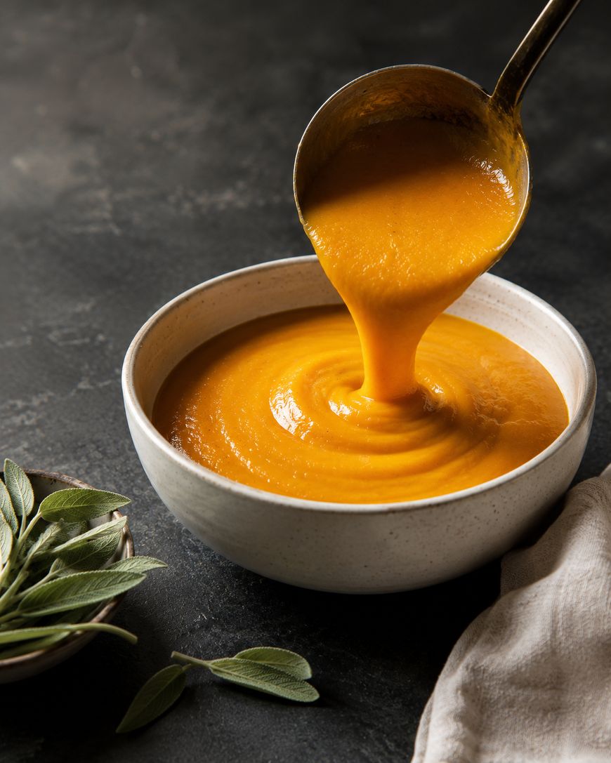A ladle pours creamy orange soup into a white bowl on a dark surface, with fresh sage leaves and a beige cloth nearby.