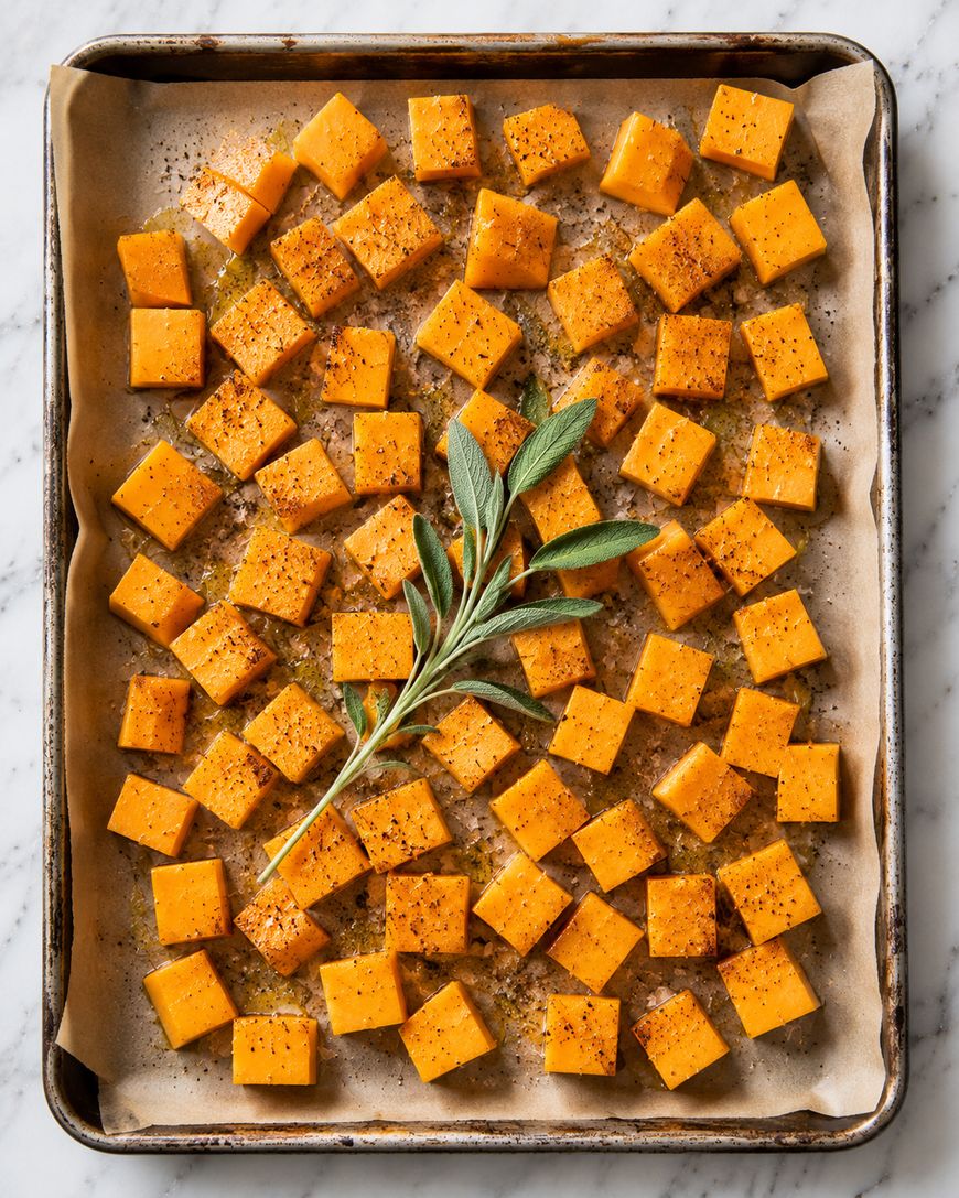 Cubed butternut squash seasoned with pepper and spices is arranged on a parchment-lined baking sheet. A sprig of fresh sage is placed in the center, ready for roasting.