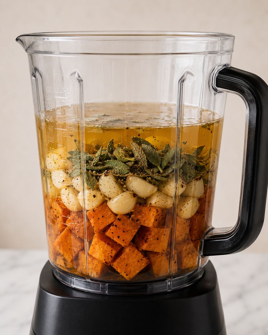 A blender filled with vegetable broth, peeled garlic cloves, fresh sage leaves, and cubed sweet potatoes, ready to be blended. The ingredients are layered and sprinkled with black pepper.