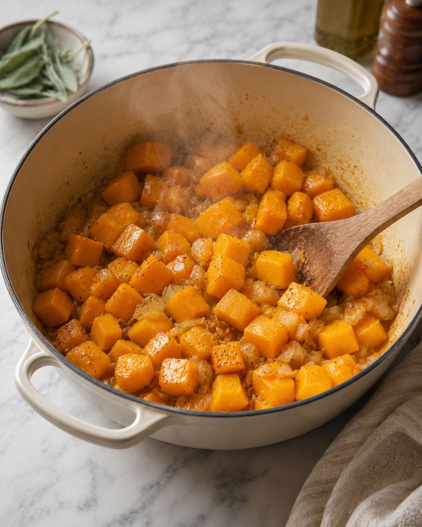 Cubed butternut squash cooking in a cream-colored pot, stirred with a wooden spoon. The squash is seasoned and steaming, with fresh sage, olive oil, and pepper mills in the background on a marble countertop.