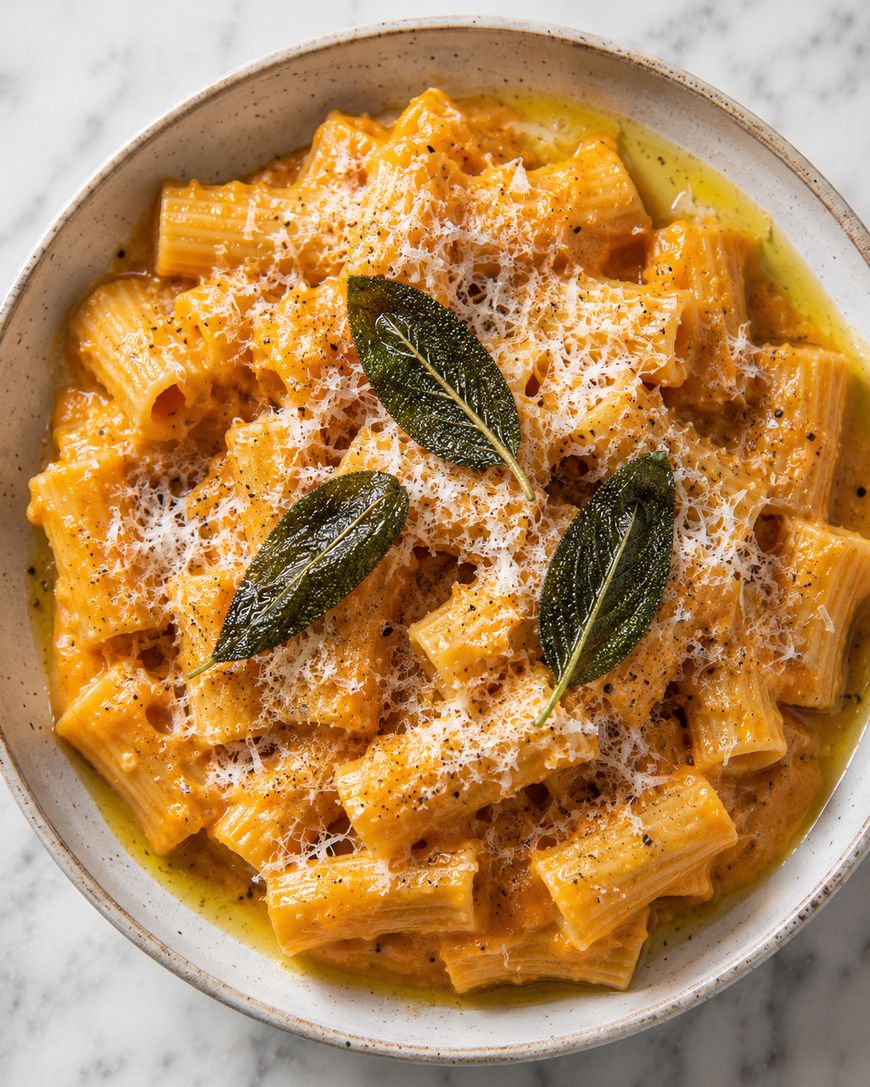 A bowl of rigatoni pasta in a creamy orange sauce, topped with grated cheese, cracked black pepper, and three crispy sage leaves, served on a white marble surface.