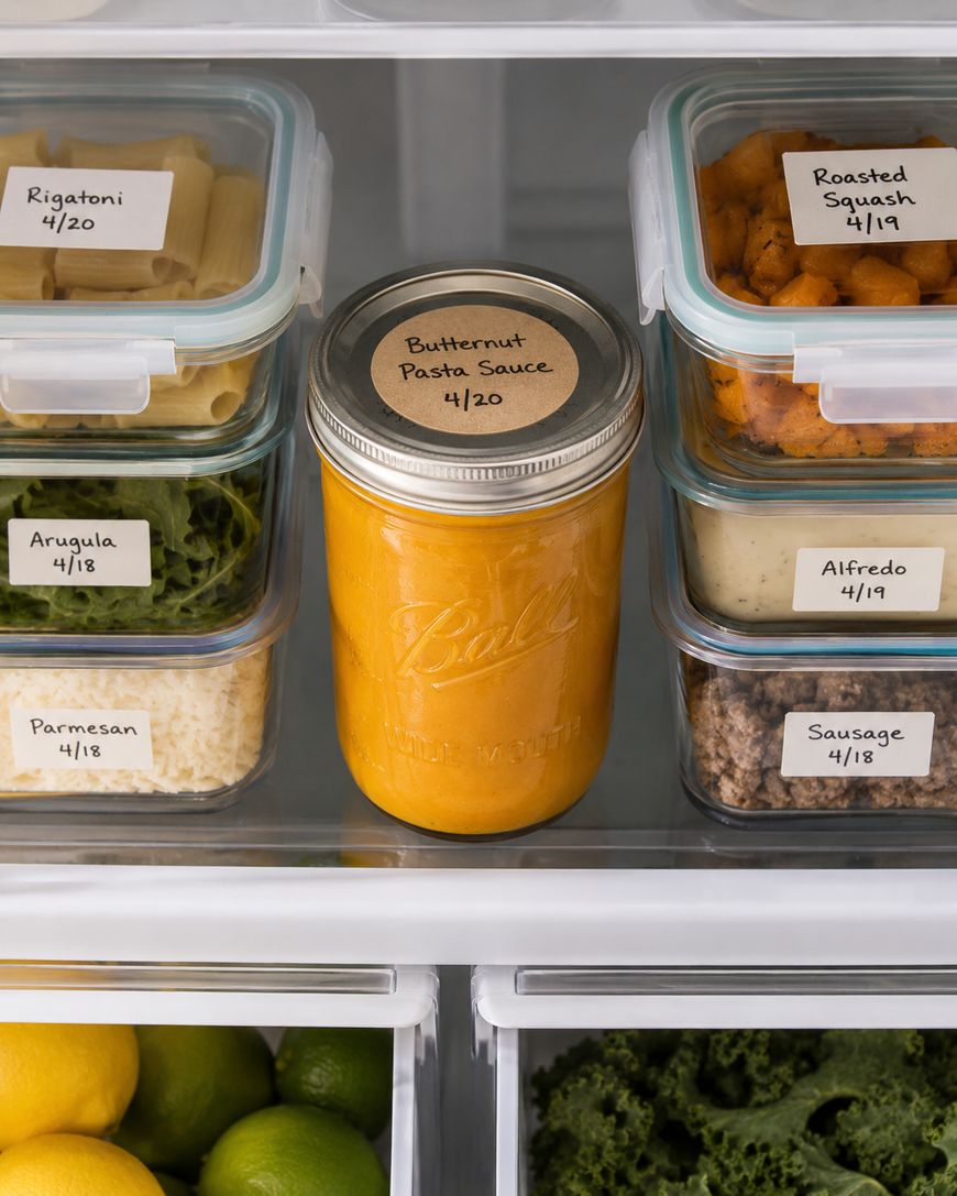 A jar labeled Butternut Pasta Sauce 4/20 sits in a fridge, surrounded by labeled containers of rigatoni, roasted squash, arugula, Alfredo, Parmesan, and sausage. Fresh vegetables are visible in the drawer below.