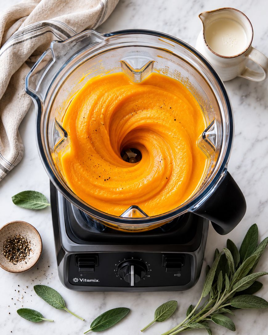 A blender filled with smooth orange soup sits on a marble countertop, surrounded by fresh sage leaves, a small bowl of black pepper, a cloth napkin, and a pitcher of cream.