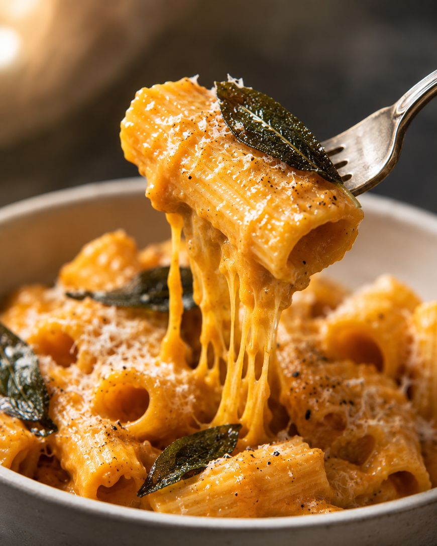 A close-up of a fork lifting cheesy rigatoni pasta from a bowl, with melted cheese stretching and crispy sage leaves on top. The pasta is sprinkled with black pepper and grated cheese.