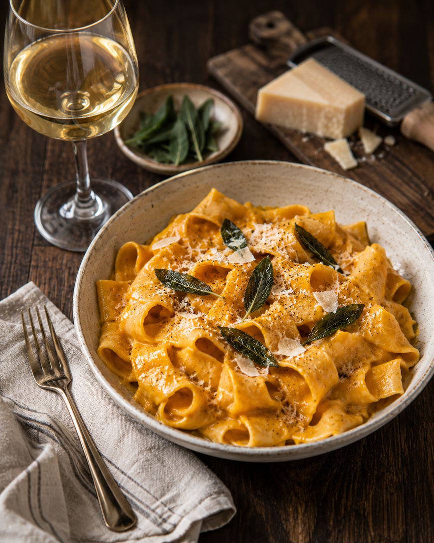 A bowl of creamy pasta garnished with crispy sage leaves and grated cheese sits on a rustic wooden table next to a glass of white wine, a fork and napkin, and a plate of cheese with a grater.