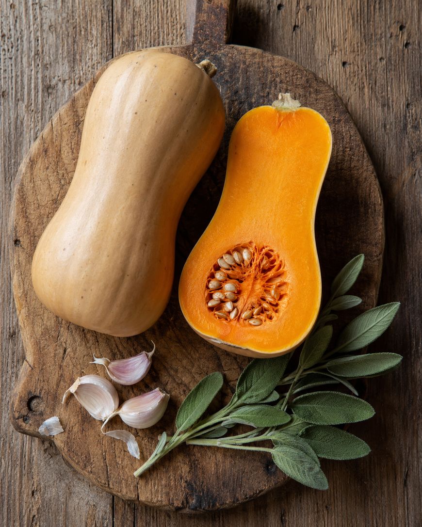A whole and a halved butternut squash sit on a wooden cutting board with fresh sage leaves and garlic cloves, all placed on a rustic wooden table.