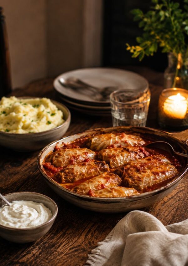 A rustic table set with cabbage rolls baked in tomato sauce, a bowl of herbed mashed potatoes, sour cream, plates, glasses, a lit candle, and a green leafy plant in the background.