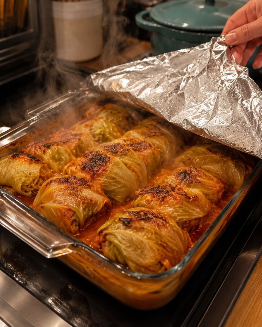 A hand lifts foil from a glass baking dish filled with steaming stuffed cabbage rolls in tomato sauce, all browned and freshly baked, on a stovetop.