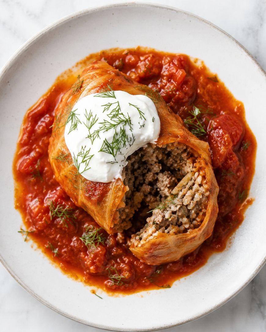 A stuffed cabbage roll filled with ground meat and rice, served on a bed of chunky tomato sauce, topped with a dollop of sour cream and fresh dill on a white plate.