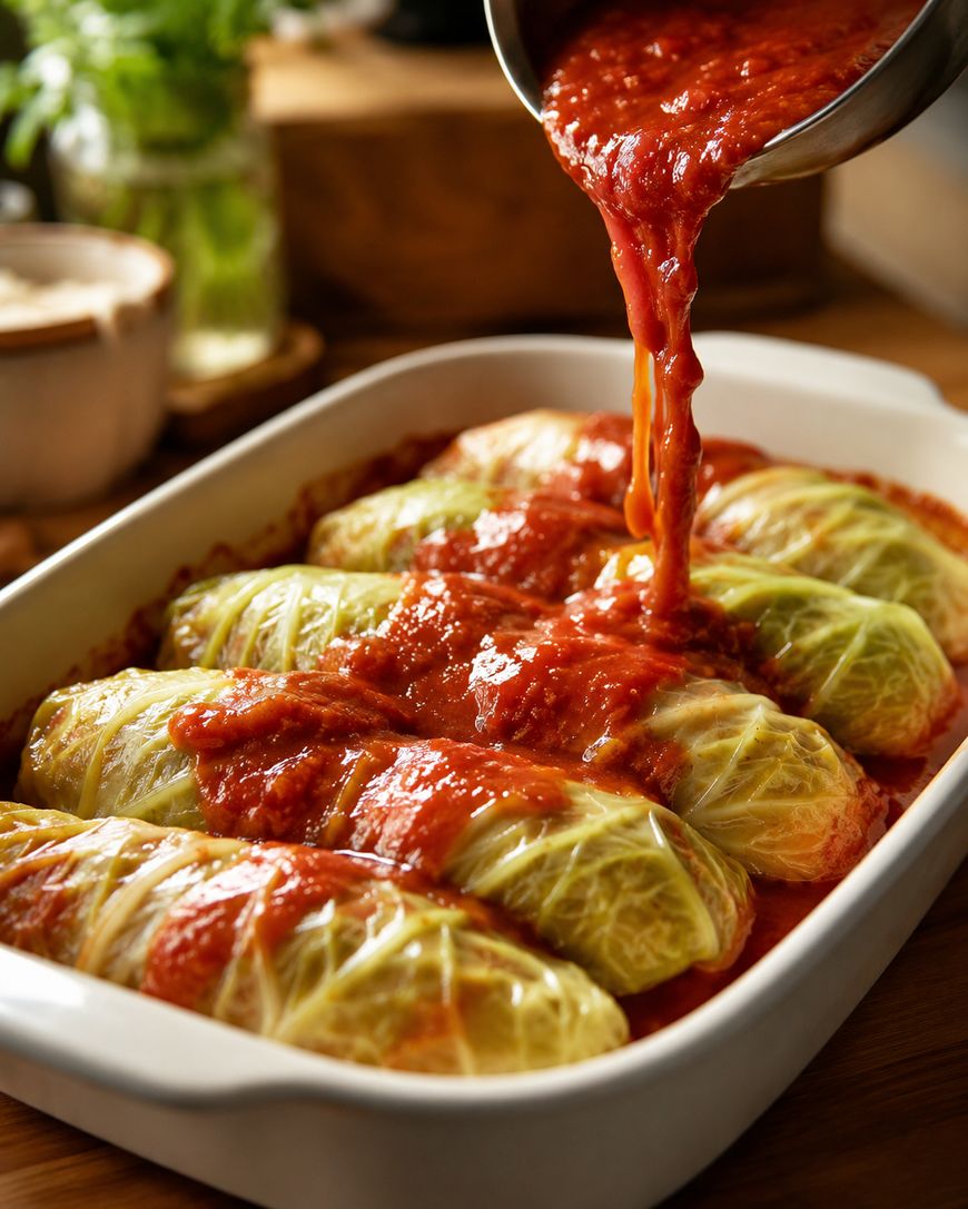 A baking dish filled with cabbage rolls is being topped with tomato sauce poured from a pot, ready for baking. The background shows blurred kitchen items and fresh herbs.
