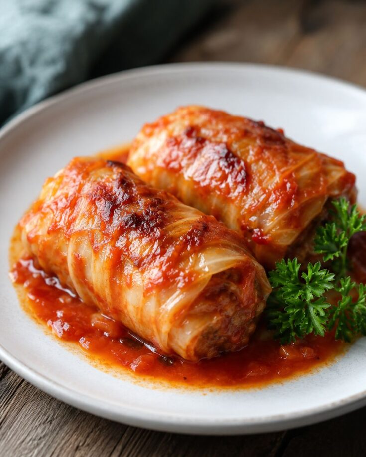 Two cabbage rolls filled with meat and rice, topped with tomato sauce, served on a white plate with a garnish of fresh parsley.