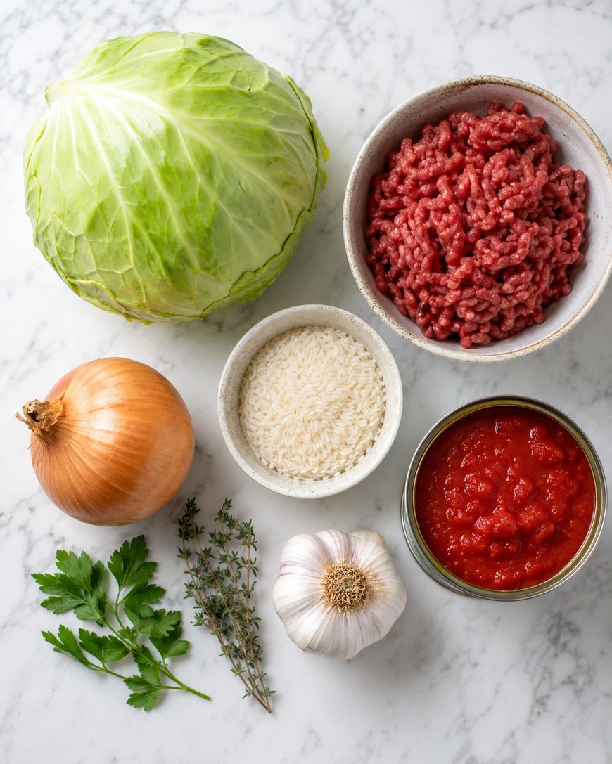 A cabbage, a bowl of ground beef, a yellow onion, uncooked white rice, canned diced tomatoes, garlic, fresh parsley, and thyme laid out on a marble surface.