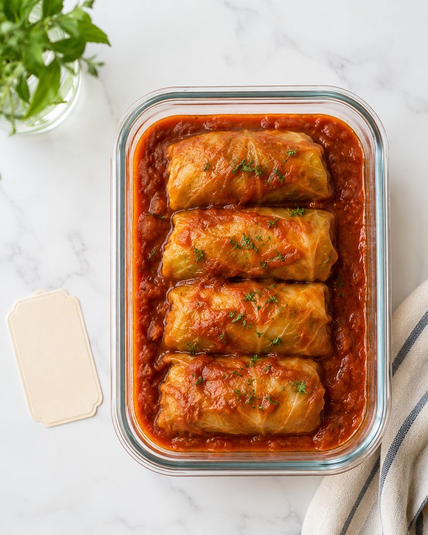 Four cabbage rolls topped with tomato sauce are arranged in a glass baking dish filled with tomato sauce, set on a white marble surface. A striped cloth, a blank label, and a jar of fresh herbs are nearby.