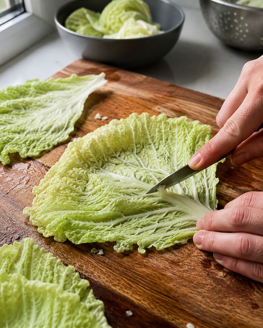 A person uses a knife to trim the thick stem from a leaf of napa cabbage on a wooden cutting board; other cabbage leaves and a bowl are nearby.