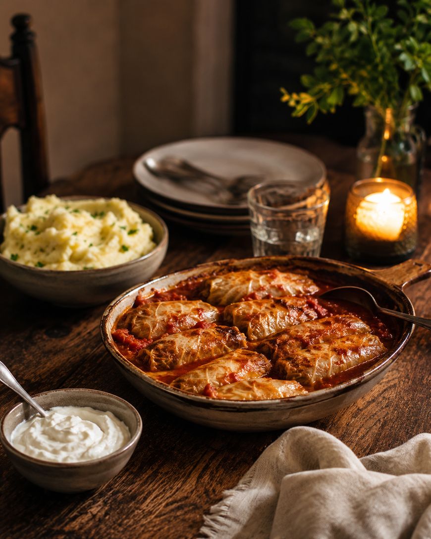 A rustic wooden table set for dinner with a bowl of stuffed cabbage rolls in tomato sauce, a bowl of mashed potatoes, a small bowl of sour cream, plates, glasses, a candle, and a vase with greenery.