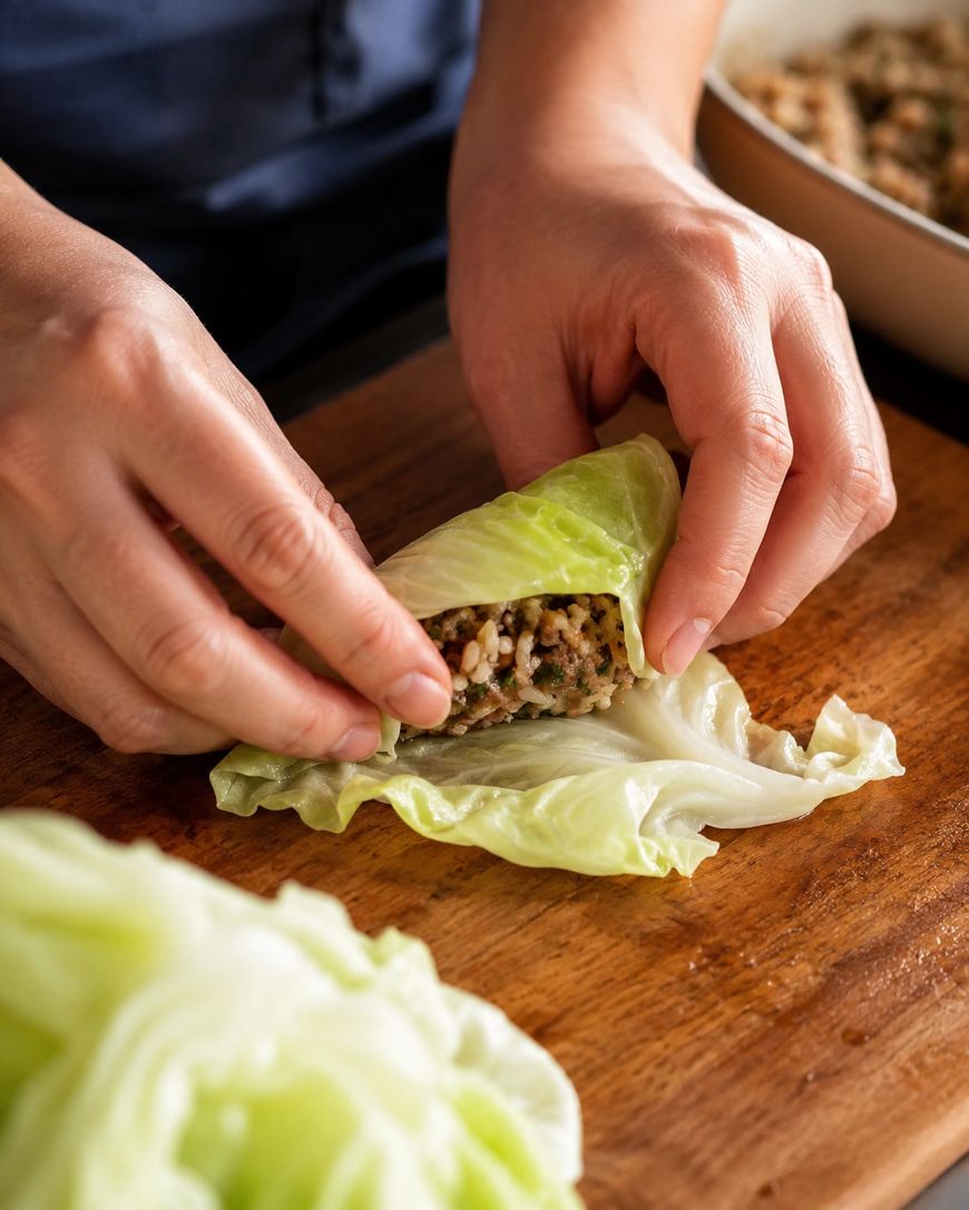 Close-up of hands wrapping a mixture of ground meat and rice in a cabbage leaf on a wooden cutting board, with more cabbage leaves and a pan of filling in the background.