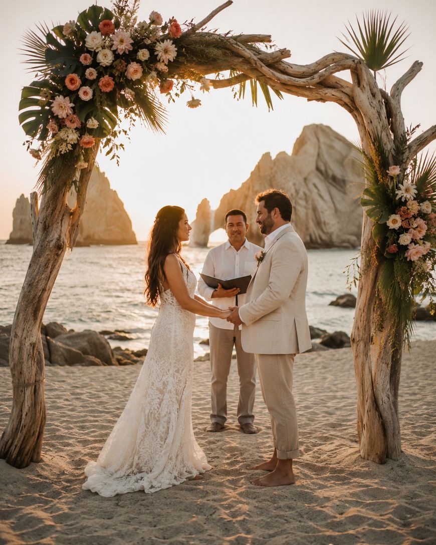 A couple in wedding attire holds hands under a flower-decorated wooden arch on a beach, with an officiant standing behind them. The ocean and rocky cliffs are visible in the background at sunset.