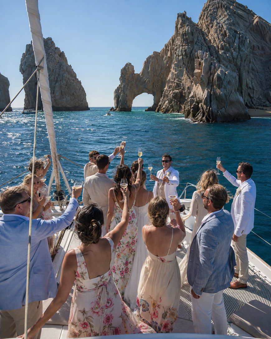A group of people dressed in light, summery clothing raise their glasses in a toast on a boat, with the famous arch rock formation of Cabo San Lucas, Mexico, and clear blue water in the background.