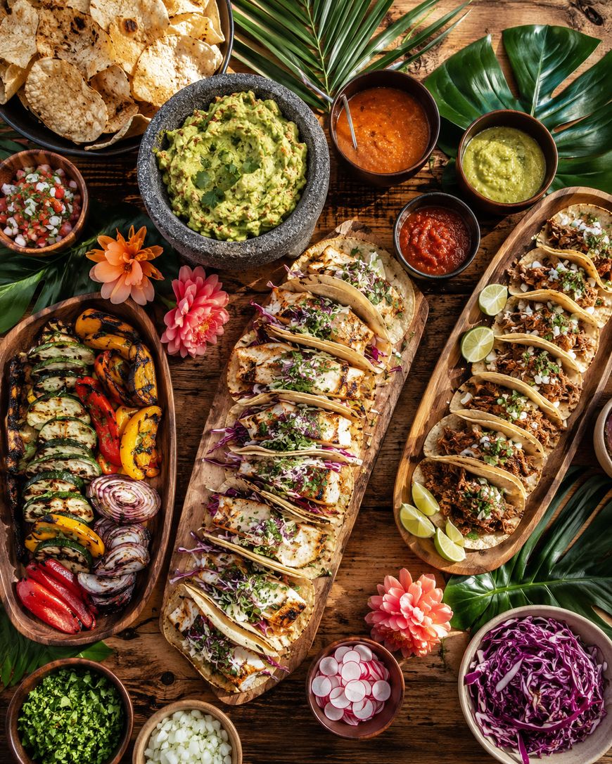 A colorful spread of assorted tacos, grilled vegetables, salsa, guacamole, tortilla chips, and fresh toppings like onions, radishes, and cabbage on a rustic wooden table decorated with tropical leaves and flowers.