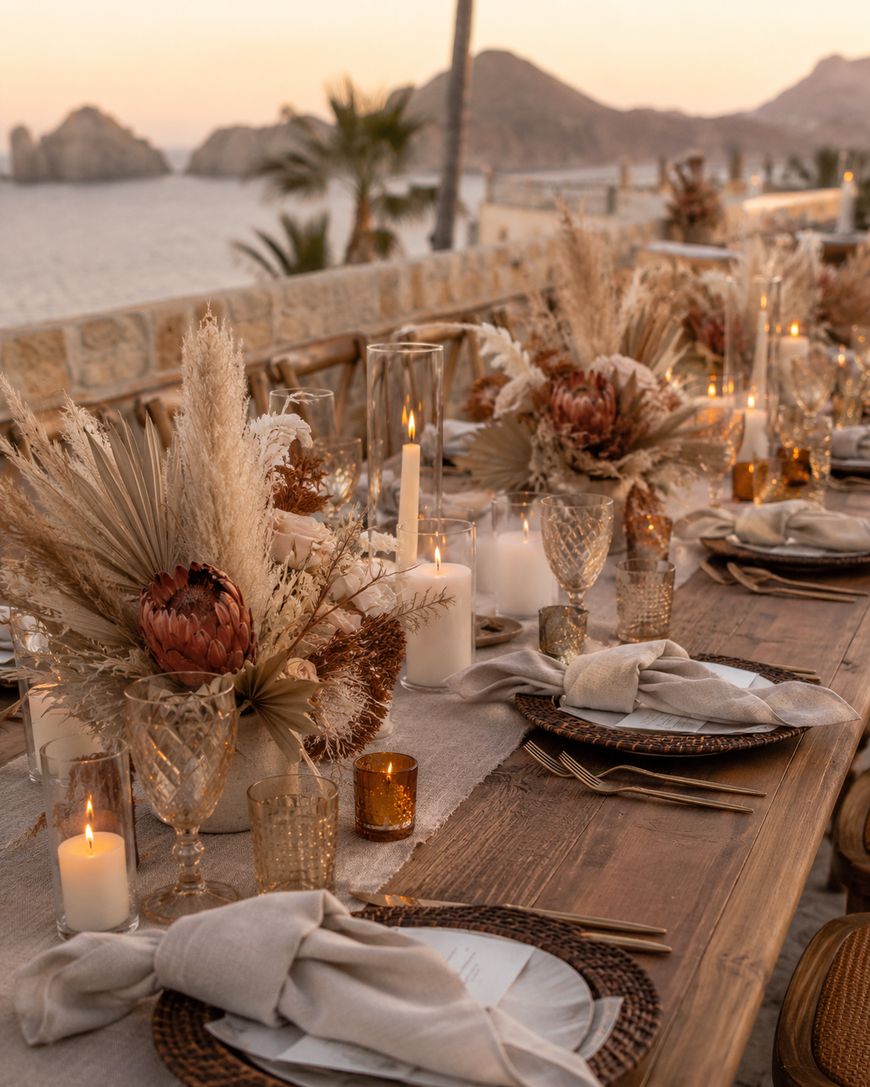 A rustic outdoor dining table is set with neutral linens, woven placemats, crystal glasses, candles, and dried floral centerpieces. The setting overlooks the ocean with mountains in the background at sunset.