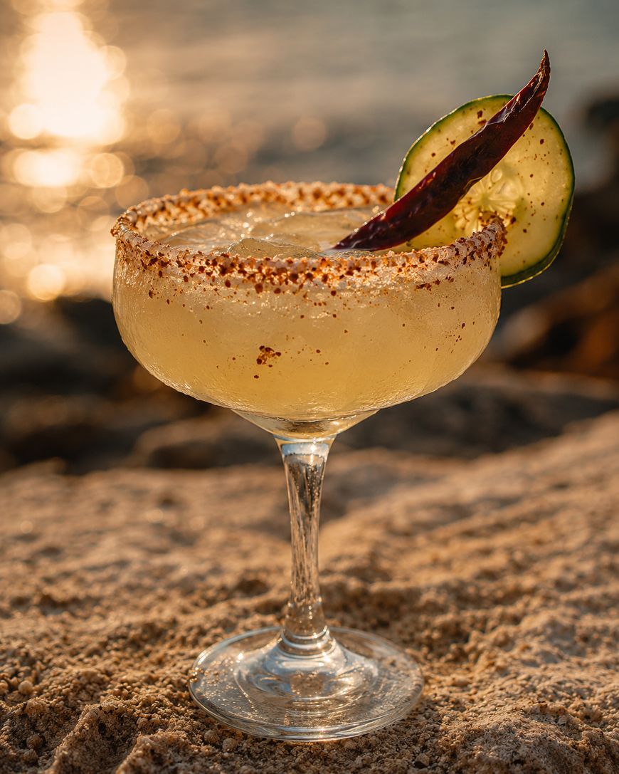 A margarita with a chili powder rim, garnished with a slice of cucumber and a dried chili pepper, sits on a sandy surface with a blurred beach and sunset in the background.
