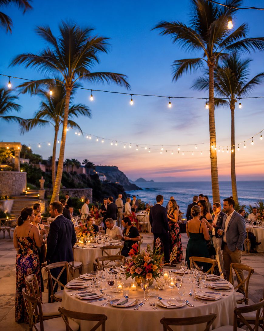 An outdoor evening event by the ocean with guests in formal attire, round tables with floral centerpieces, string lights overhead, and palm trees under a colorful sunset sky.