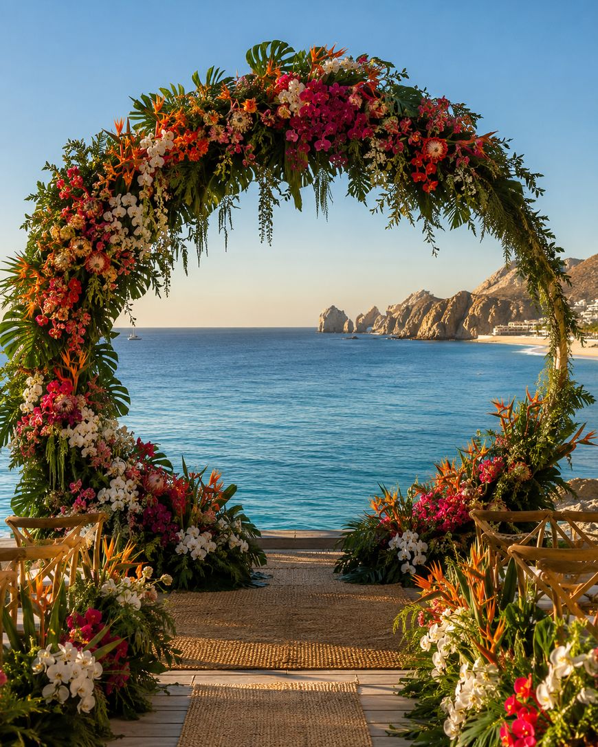 A vibrant floral arch stands by the ocean, decorated with colorful flowers and greenery, overlooking blue water and rocky cliffs under a clear sky. Wooden chairs line an aisle leading to the arch.